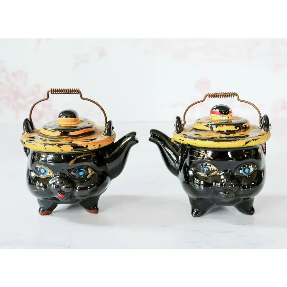 VTG Norcrest Anthropomorphic Black Cat Kettle Creamer Sugar Salt Pepper Set MCM